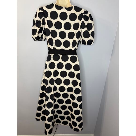 LUNA ALLEGRA V Neck Puff Sleeve Polka Dot Midi Dress Black White Sz S - Picture 7 of 13